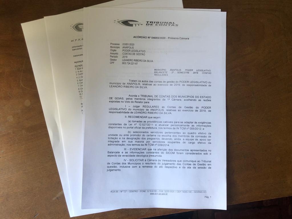 Contas de 2019 da Câmara de Anápolis são julgadas REGULARES, sem ressalvas, pelo TCM/GO