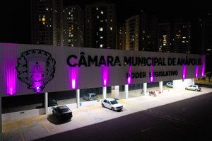 Em alusão ao mês da mulher, fachada da Câmara é iluminada em rosa