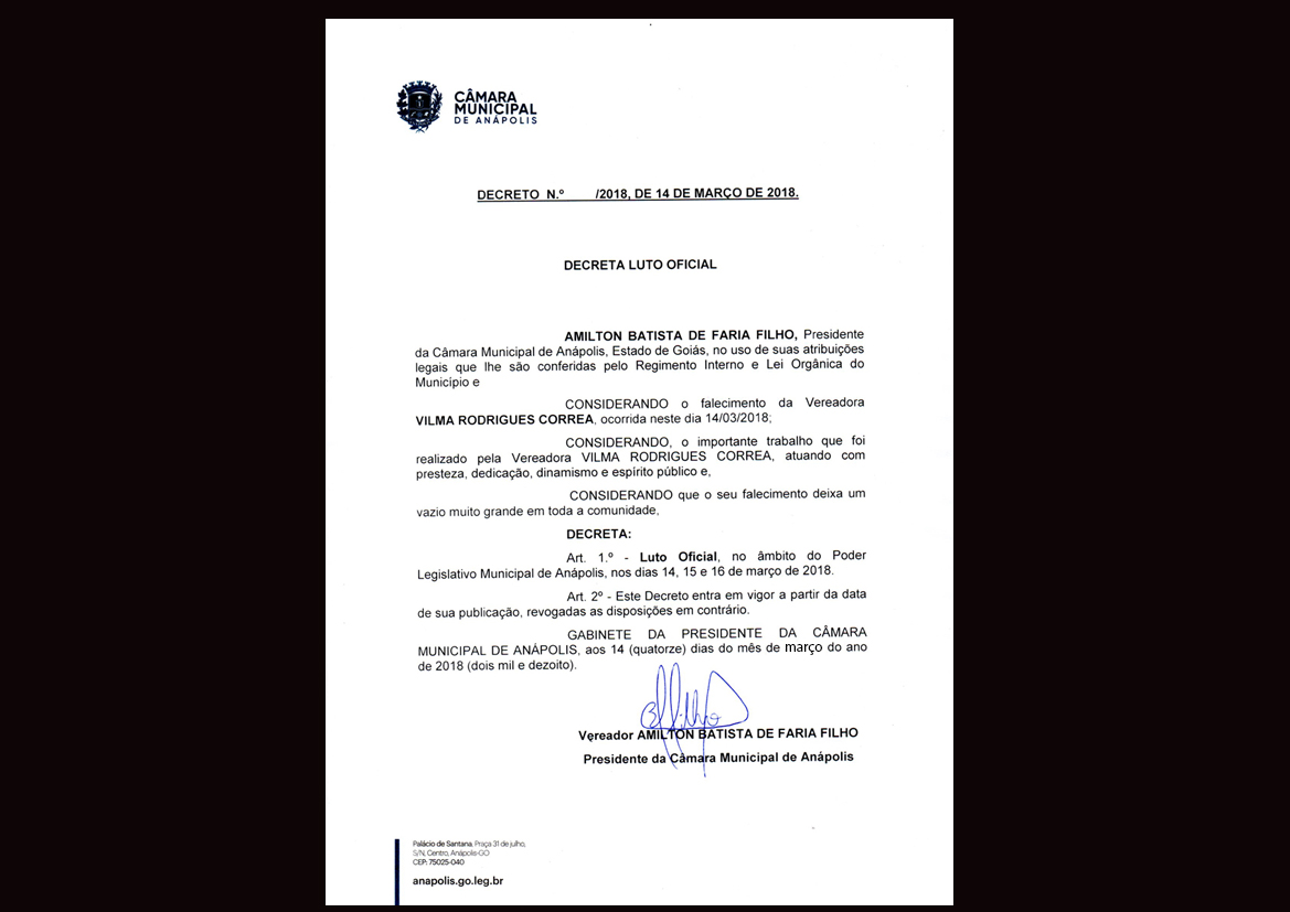 Presidente da Câmara decreta Luto Oficial de três dias devido falecimento da vereadora Vilma Rodrigues