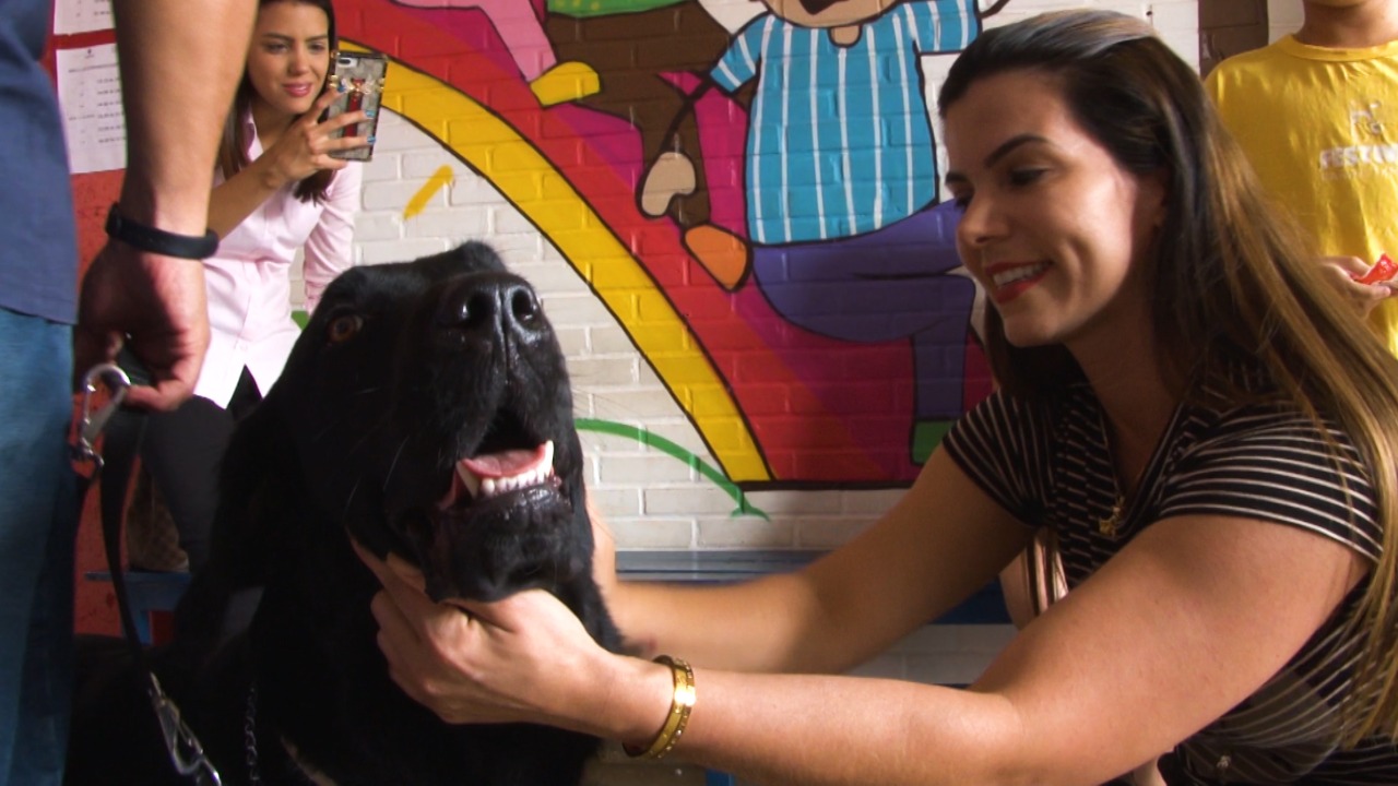 Thaís Souza conhece Elvis, o primeiro cão-guia para cegos em Anápolis
